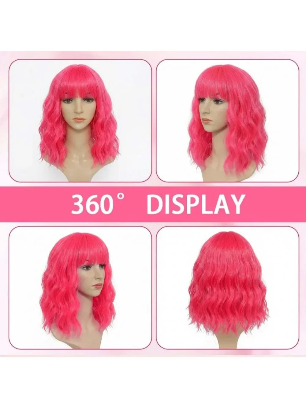 Women's Hot Pink 14 Inch Short Shoulder Length Synthetic Bangs Wavy Bob Wig